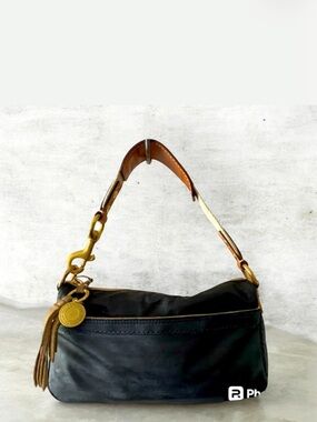 Coach Black Suede Canvas Leather Shoulder Small Bag
